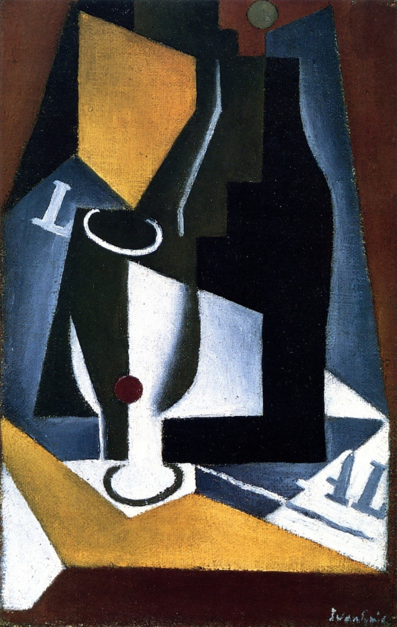 Juan Gris Bouteille, verre et journal, 1918, 26×41 cm : Descriptif