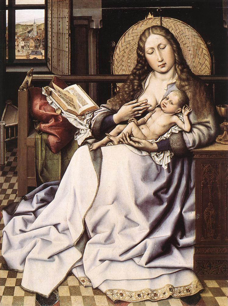 Robert Kampen. Madonna and child with a book by the fireplace