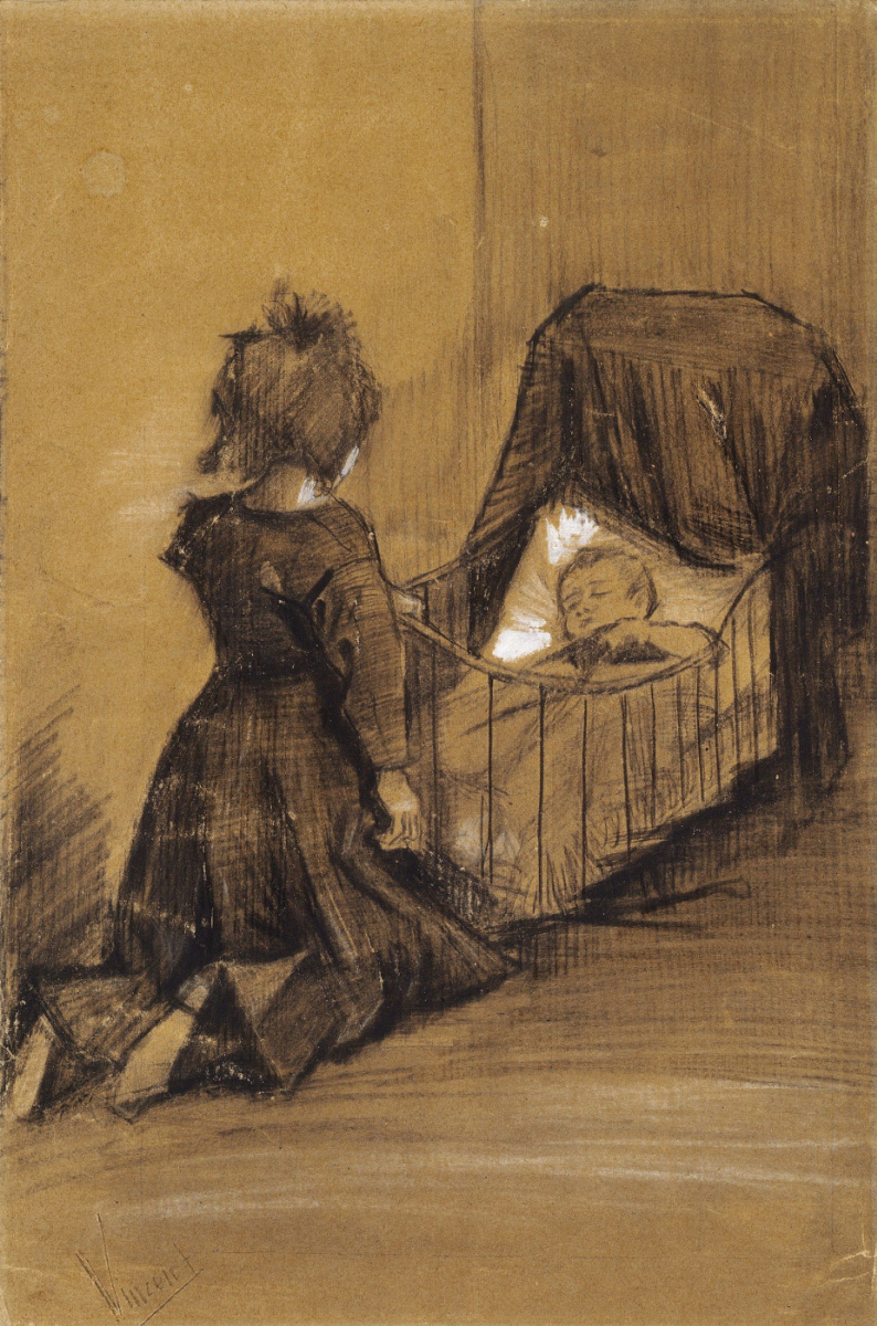 Vincent van Gogh. The girl knelt in front of the cradle
