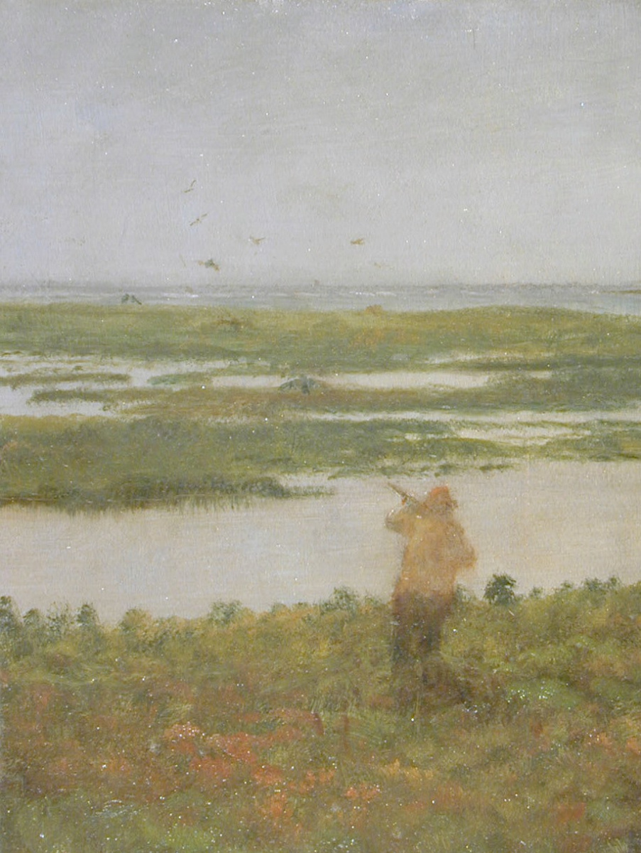 Albert Birštadt. Landscape with a hunter on ducks