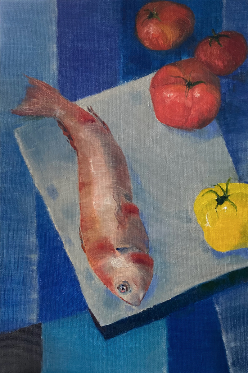 Andrey Trubin. Still life with fish and tomatos