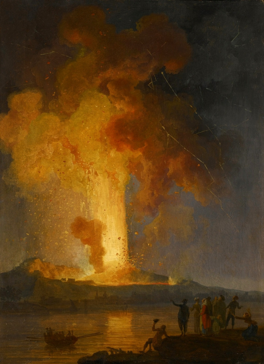 Pierre-Jacques Woller. Vesuvius eruption at night with viewers in the foreground.