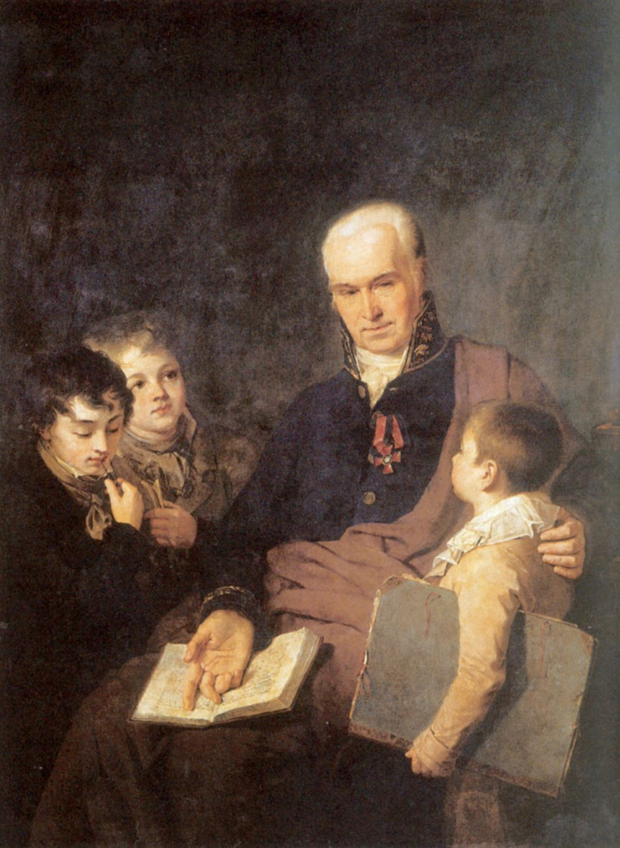 Alexey Gavrilovich Venetsianov. Portrait of Kirill Ivanovich Golovachevsky, inspector of the Academy of fine arts, with three pupils
