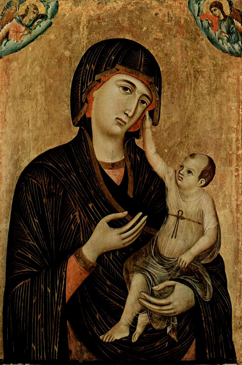 Duccio di Buoninsegna. Madonna di Crevole, the scene of Madonna on a throne and two angels