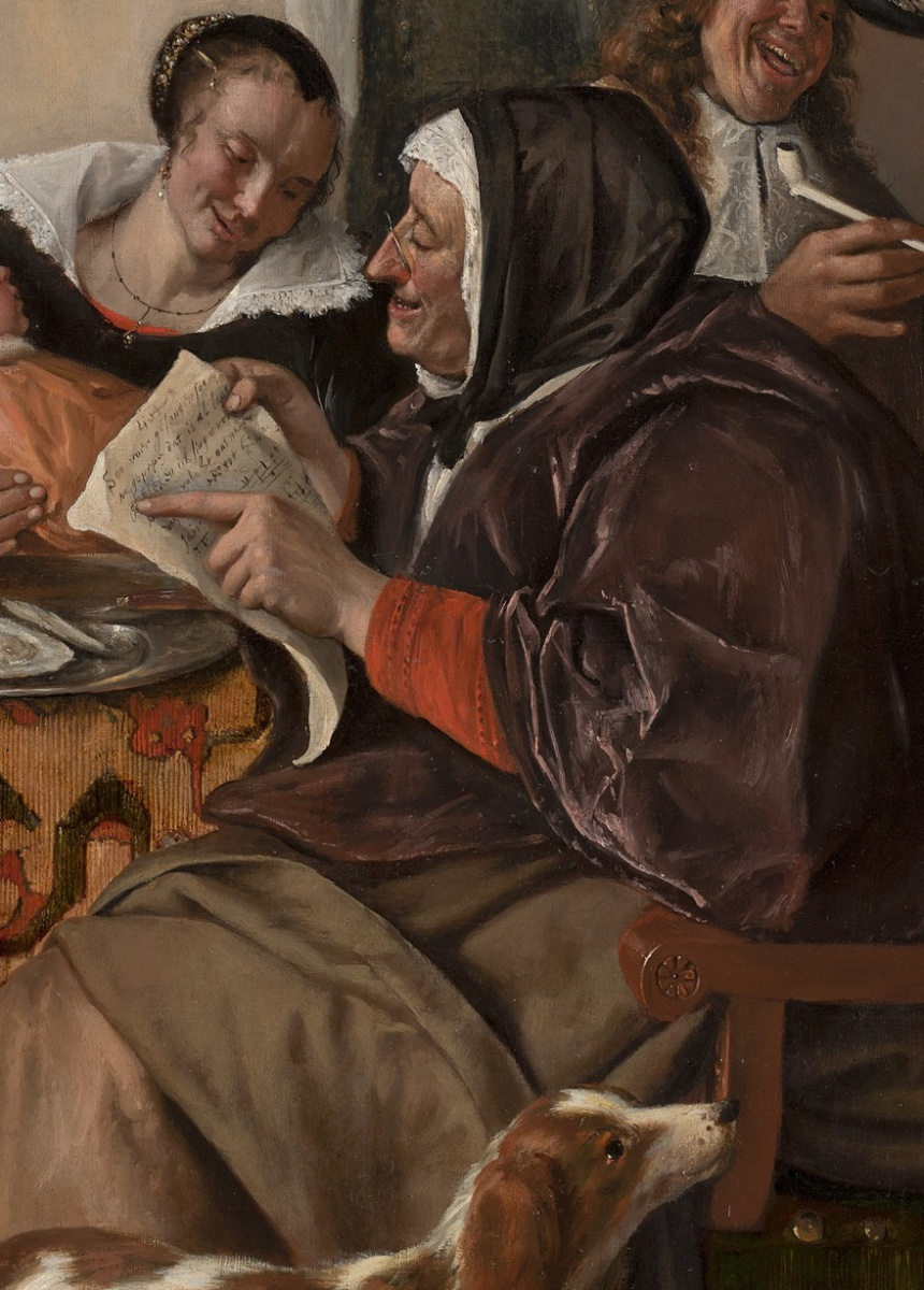 Jan Steen. "As the old sing, so the young pipe and plays". Snippet: grandma