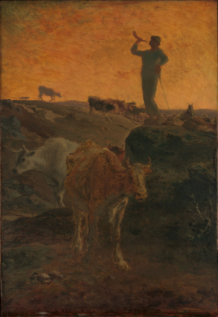 Jean-François Millet. A trumpeting shepherd calling the flock home