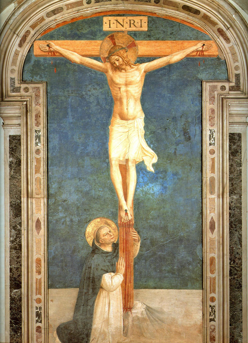 Fra Beato Angelico. Saint Dominic bowing down to crucifixion. Fresco of the Monastery of San Marco, Florence