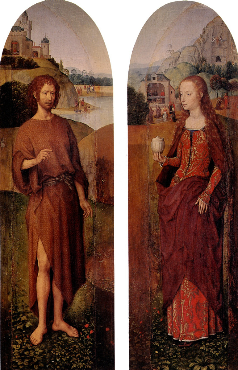 Hans Memling. Saint John the Baptist and St. Mary Magdalene. The left and right part of the triptych "rest on the flight into Egypt"