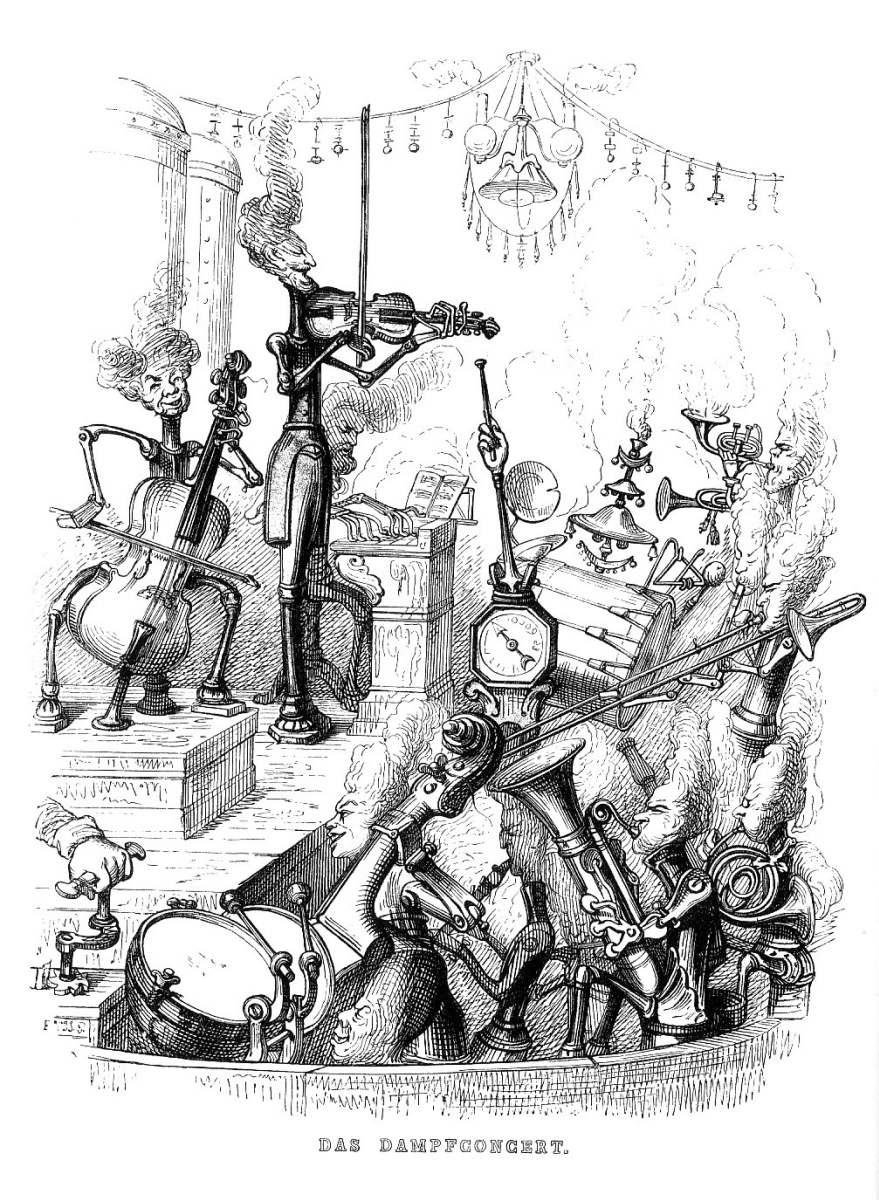 Jean Ignace Isidore Gérard Grandville. "Hot" concert or Show on steam draft. A series of "Other World"