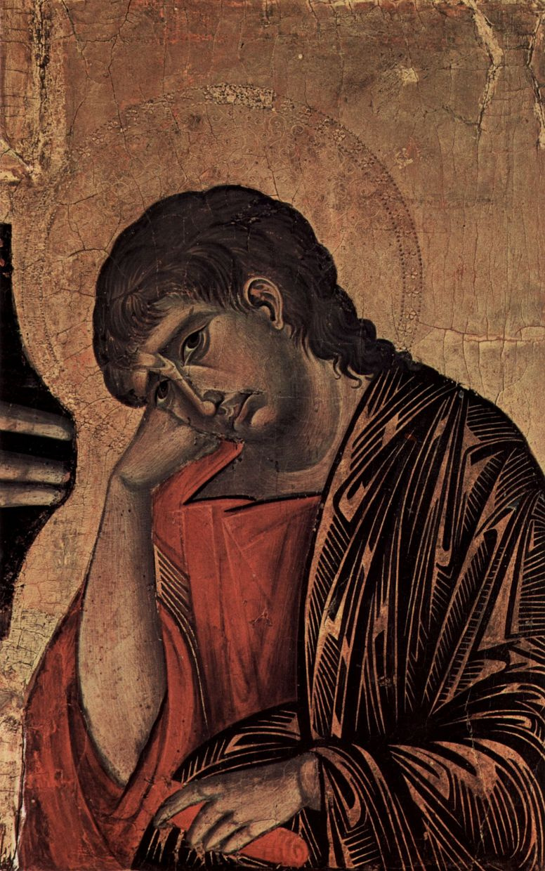 Cimabue (Chenny di Pepo). Crucifixion, Tondo: Blesses Christ, the Crucifixion, Mary and John, detail: John
