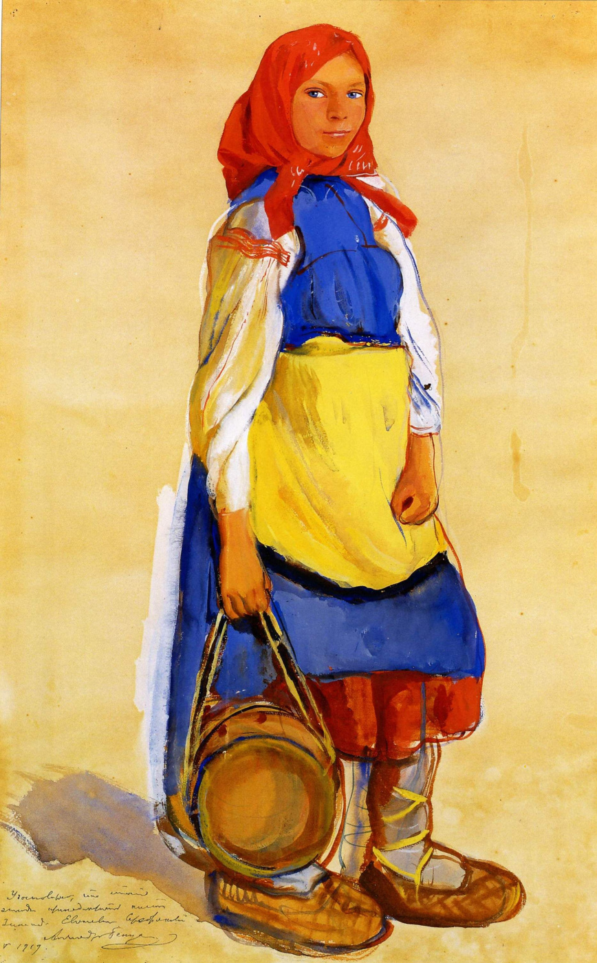 Zinaida Serebriakova. A peasant girl in a blue sundress and sandals