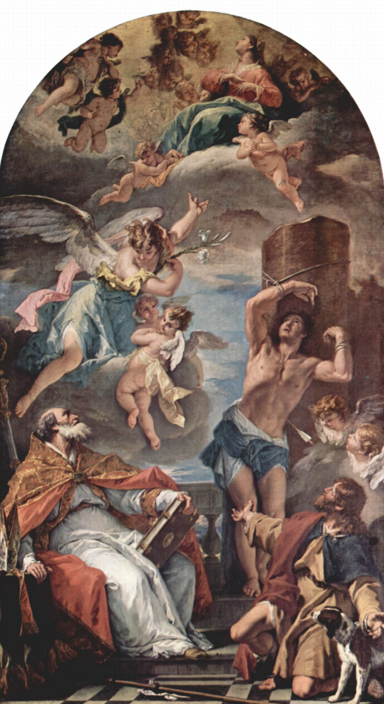 Sebastiano Ricci. Mary in glory with Archangel Gabriel, and saints Peter and Paul. By Eusebius, Sebastian and Roch