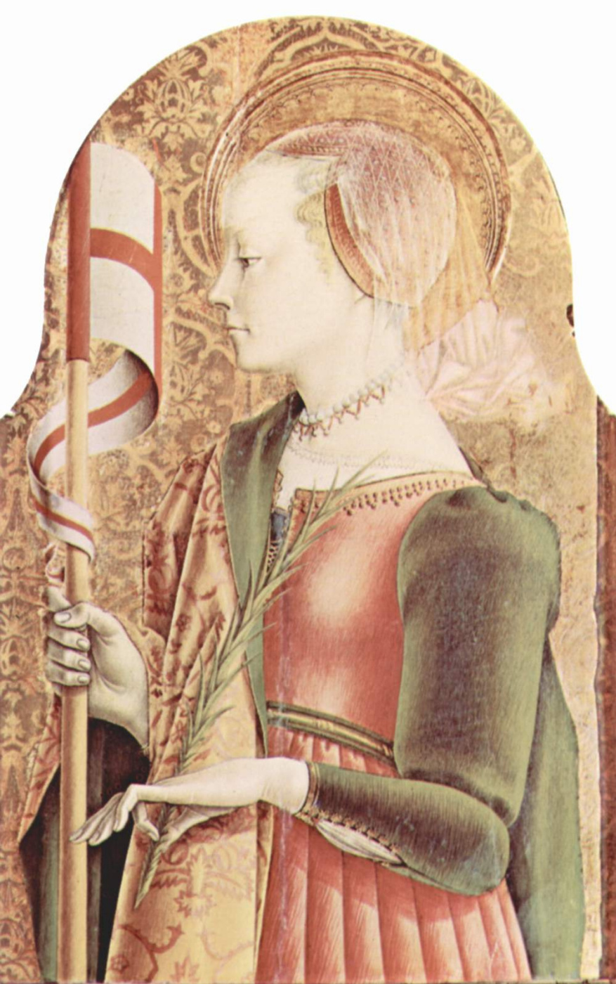 Карло Кривелли. Святая Урсула. Центральный алтарь кафедрального собора в Асколи, полиптих, внешнее правое навершие