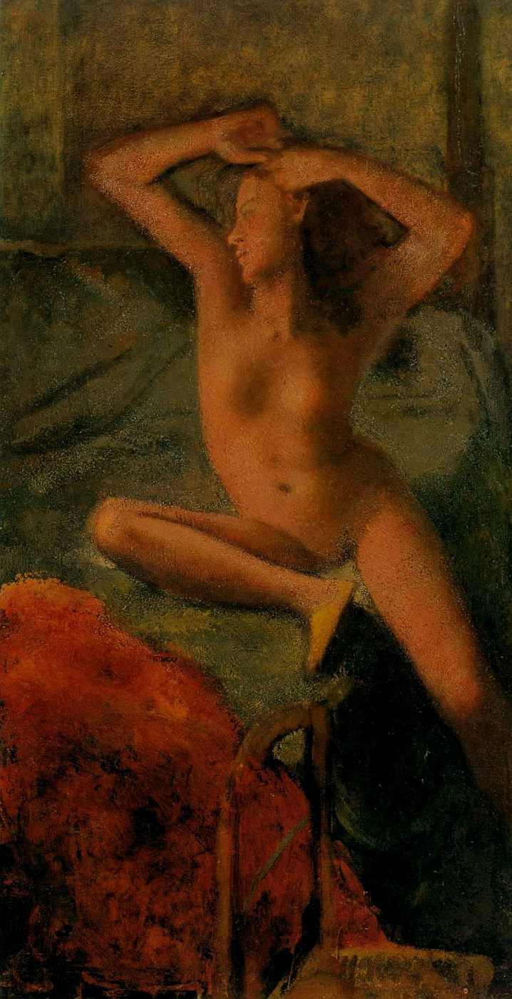 Balthus (Balthasar Klossovsky de Rola). Nude with arms raised and red bedspread