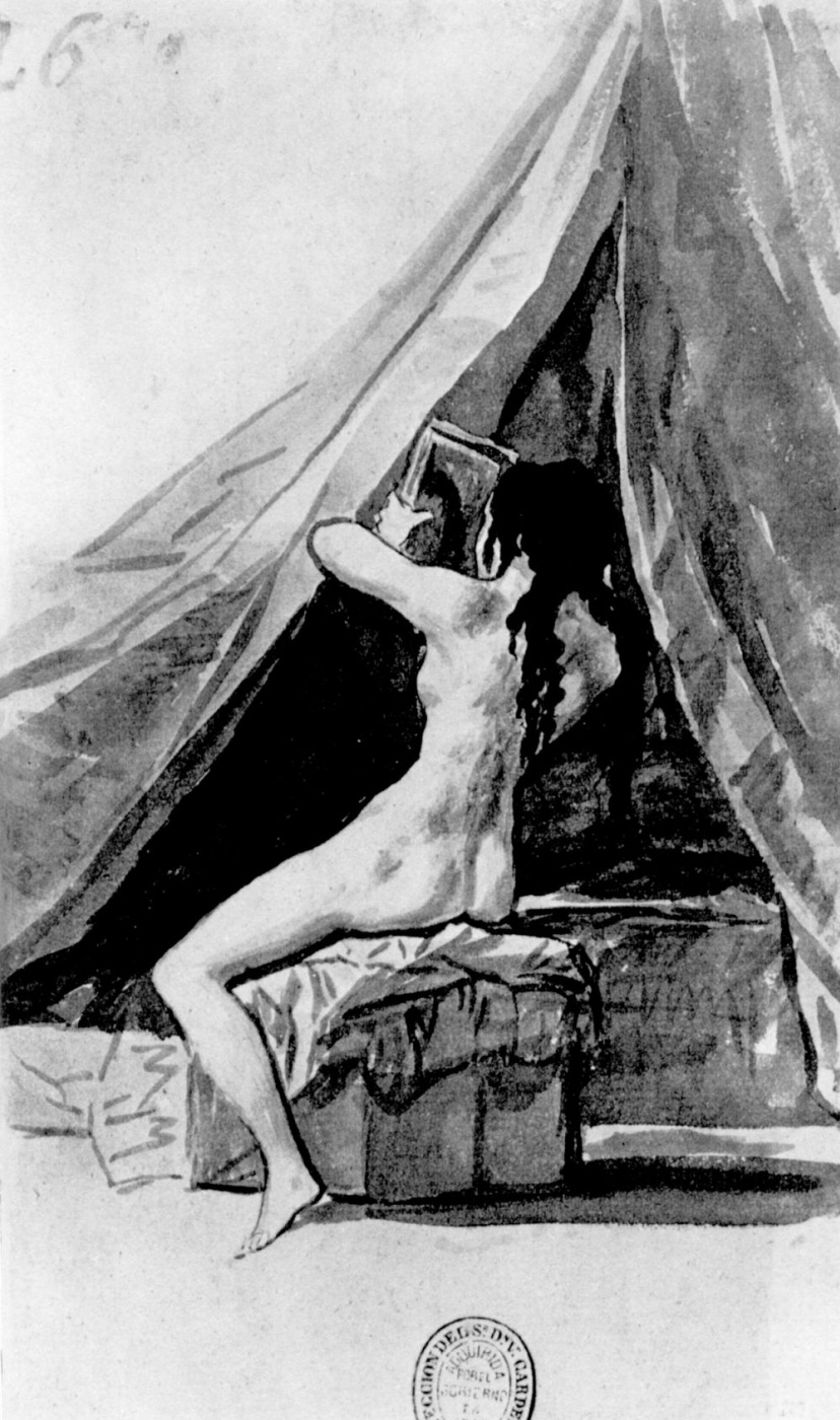 Francisco Goya. The Madrid album [20]: Nude model with a mirror, from the back, or After a bath