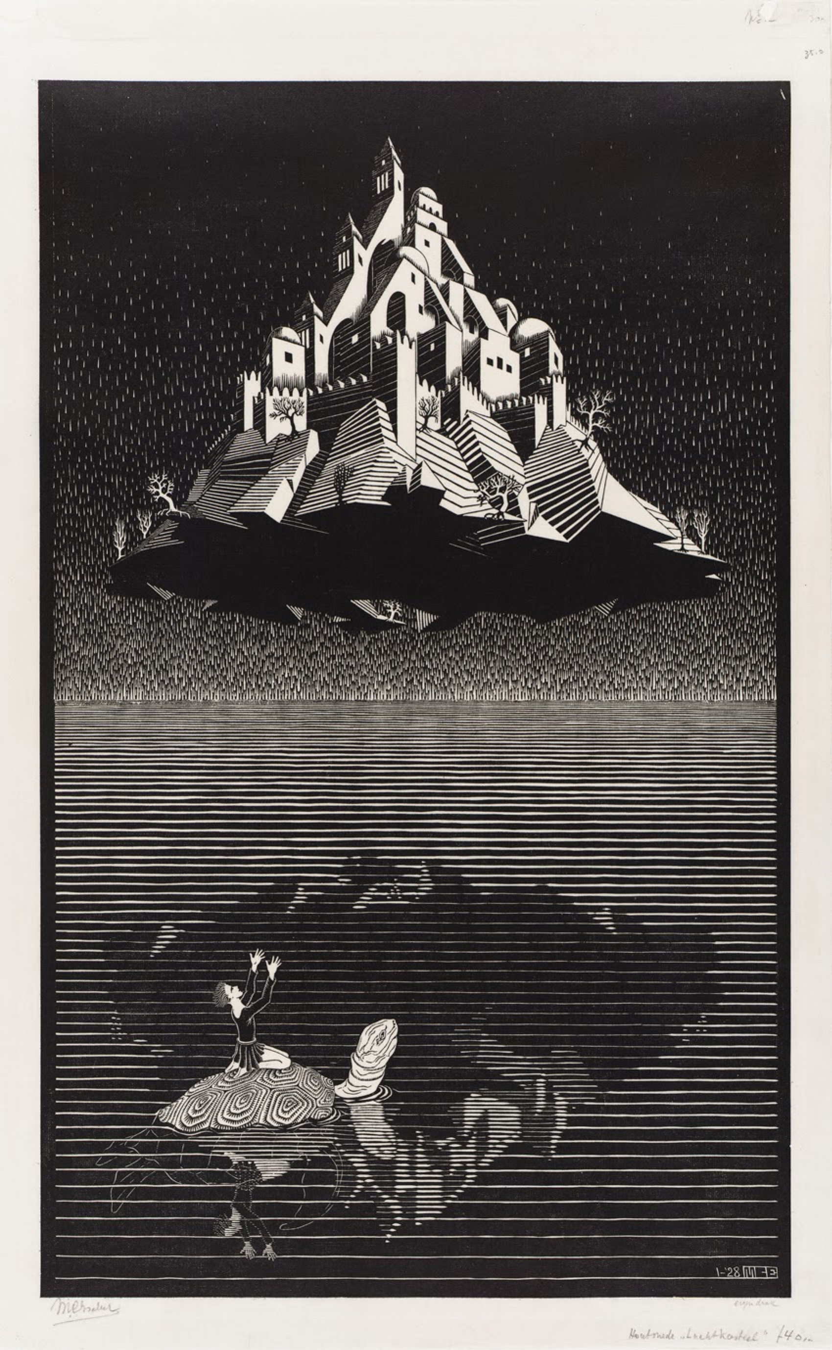 Castle in the air, 1928, 34×62 cm by Maurits Cornelis Escher