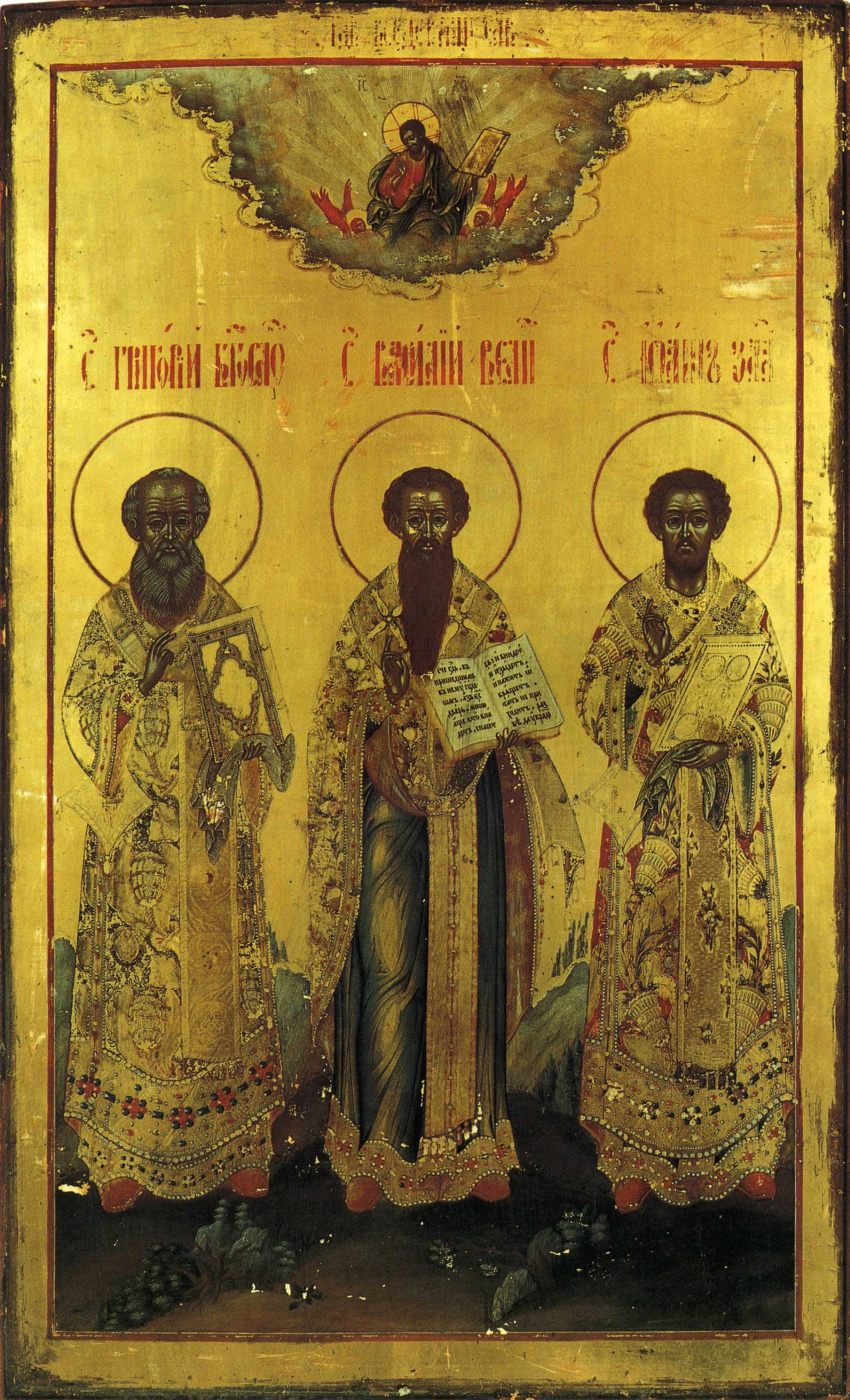 Icon Painting. Gregorio el teólogo, Basilio el Grande, Juan Crisóstomo (Nevyansk, Taller Bogatyrev)