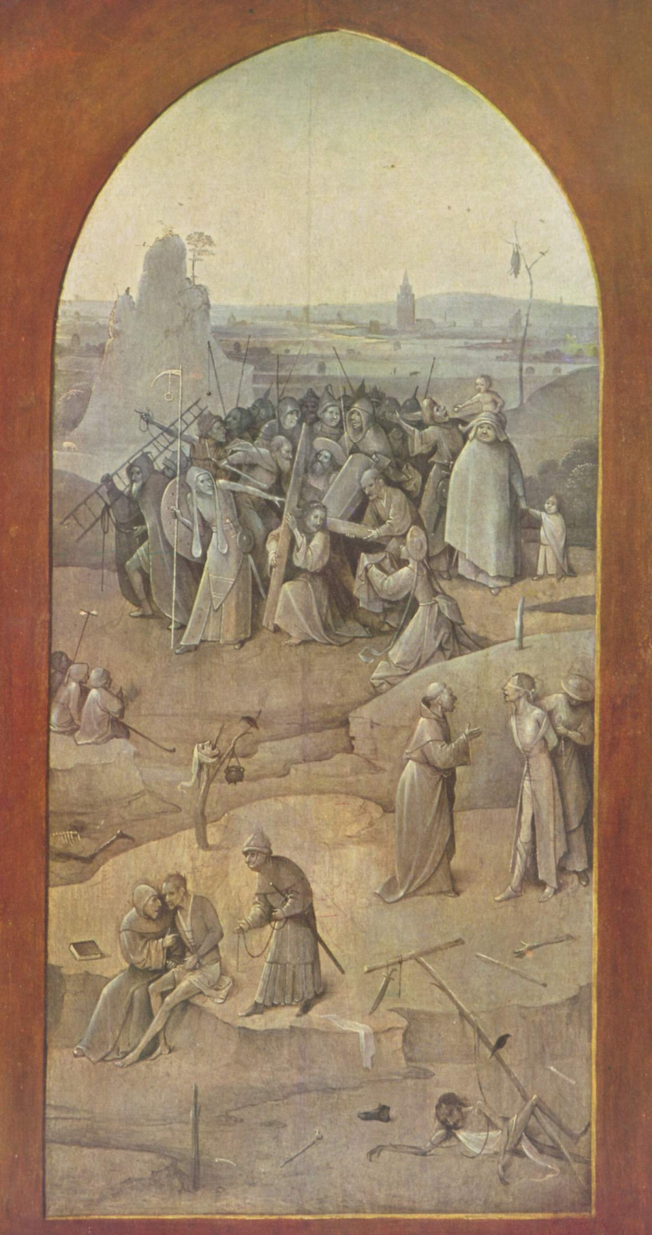 Hieronymus Bosch. The carrying of the cross. Triptych "The Temptation Of St. Anthony". Right outer fold