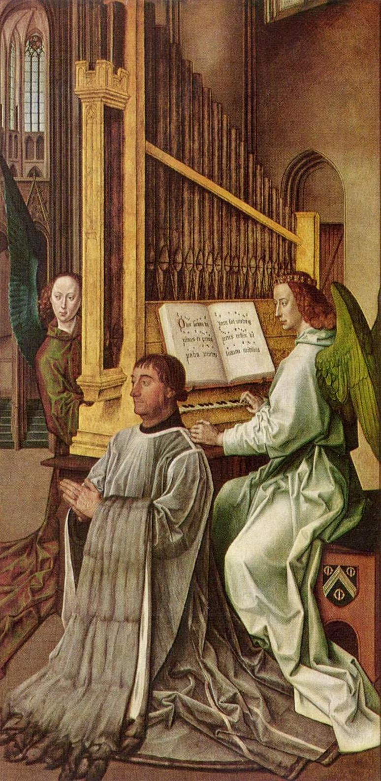 Hugo van der Gus. The kneeling sir Edward Bankel before the angel playing the organ (part of a diptych of the Holy Trinity)