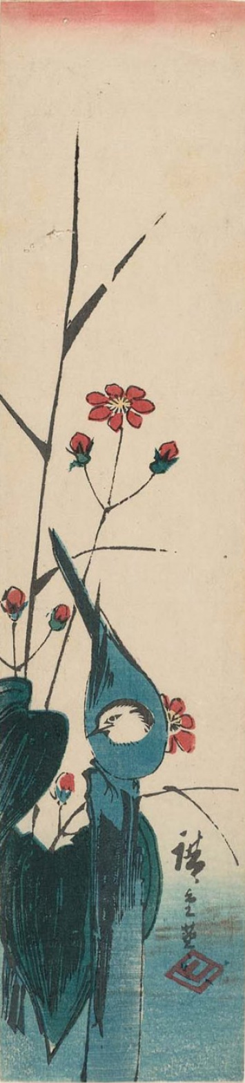 Utagawa Hiroshige. Wagtail near the water among the flowering plants