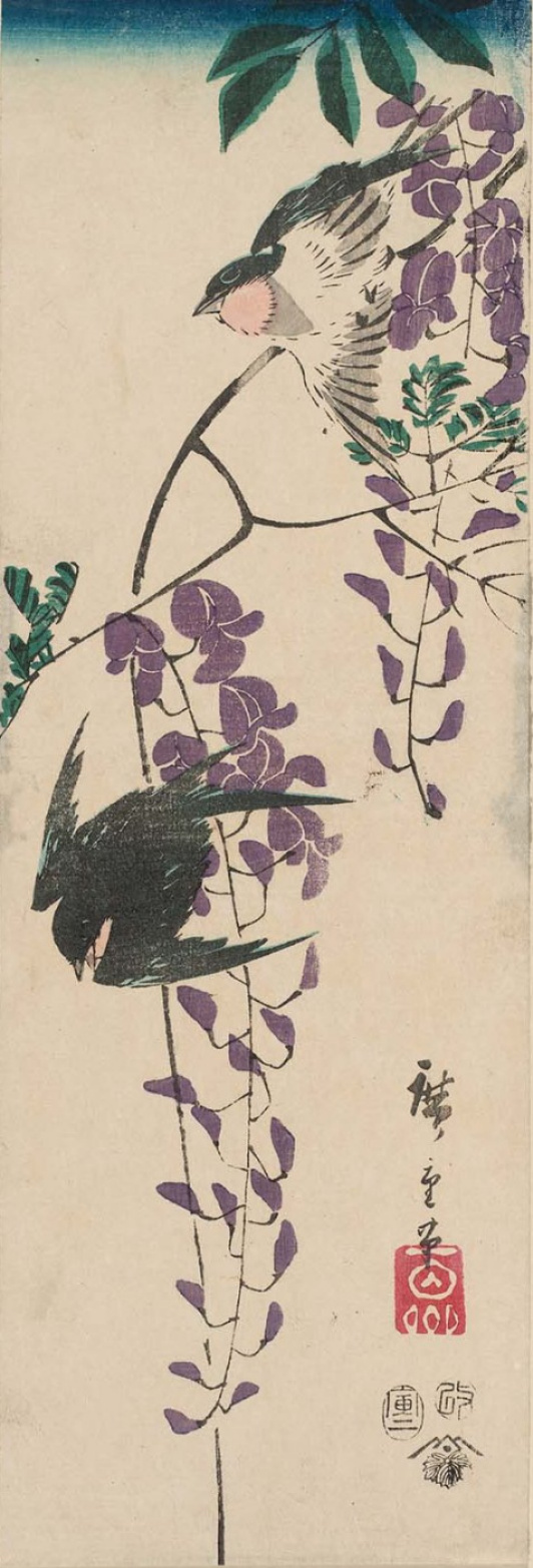 Utagawa Hiroshige. Ein paar Schwalben und Glyzinien. Serie "Vögel und Blumen"