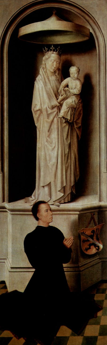 Ганс Мемлинг. Страшный суд. Триптих. Левая створка, внешняя сторона: Молящийся донатор Анжело Тани и Мария с младенцем