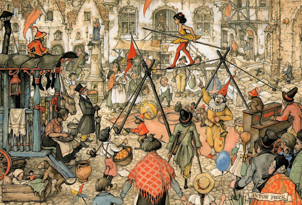 Anton Pieck City scene with passing crew, 1950: Description of the