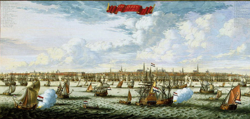 Даниель Стопендаль. Панорама и план Амстердама со стороны залива Эй