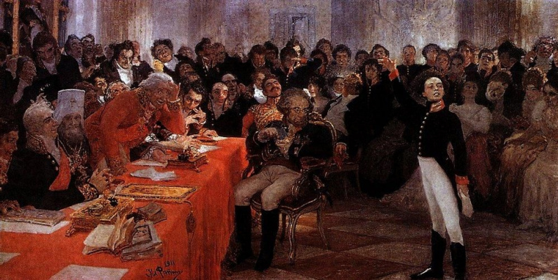 Ilya Efimovich Repin. A. S. Pushkin on the act in the Lyceum Jan 8 1815 reads his poem "Recollections in Tsarskoye Selo"