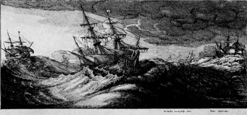 Wenzel Hollar. Warships in a storm