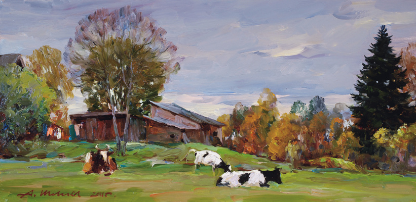 Alexander Shevelyov. Resting animals.Orgalit, oil 21.5 x 44 cm. 2011