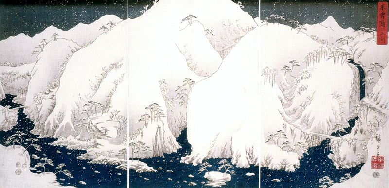 Utagawa Hiroshige. Mountain river and snow-capped mountains of Kiso. Triptych