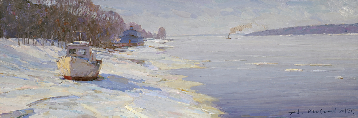 Alexander Shevelyov. Stretch, Volga. Ice has passed. Oil on canvas 27.5 X 81.5 cm.