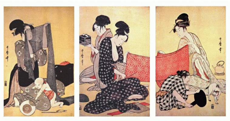 Kitagawa Utamaro. Women make dresses 1-Triptych