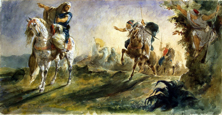 Eugene Delacroix. Arab horsemen galloping in search of