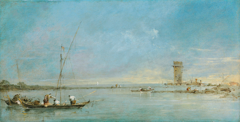 Francesco Guardi. View of the Venetian lagoon with the tower of Mulger