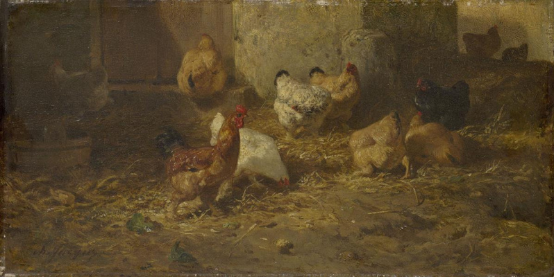 Rose Bonhur. Hühner in der Scheune