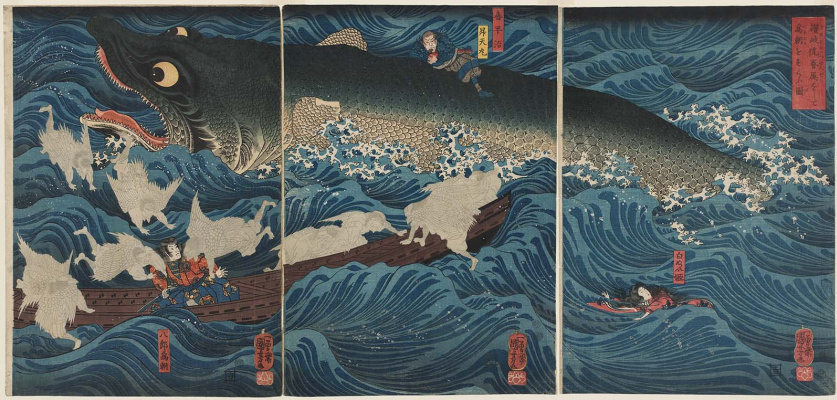 Utagawa Kuniyoshi. Former Emperor Sutoku from Sanuk sends his rescuers to rescue Tametomo