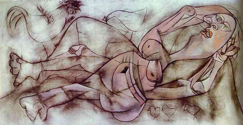 Пабло Пикассо. Фермер и обнаженная женщина в окружении кур