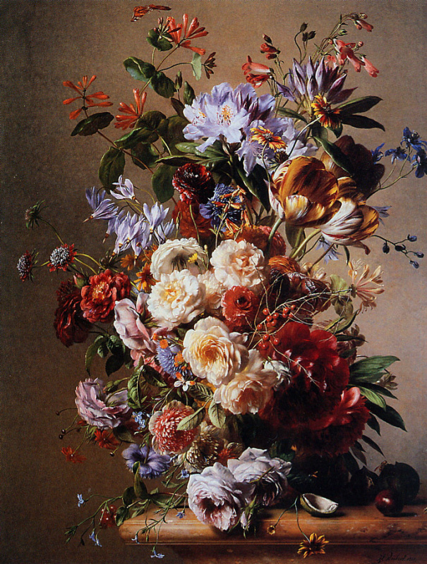 Pierre-Joseph Redoute 与花的静物画在玻璃花瓶和鸟的巢, 1796, 80×99