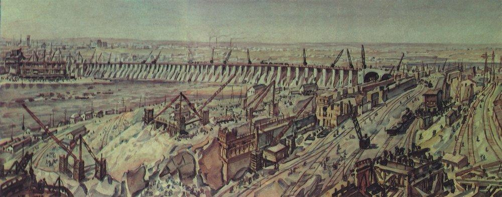 Konstantin Fedorovich Bogaevsky. Panorama of the construction of the Dnieper