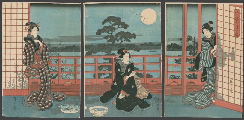 Utagawa Hiroshige. Triptych: tea on the terrace in the moonlight on the Sumida river