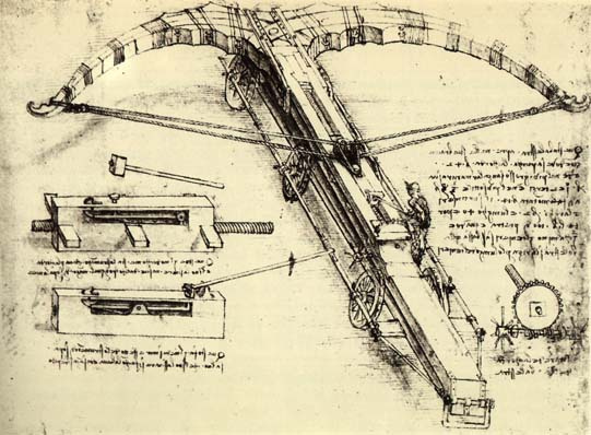 Leonardo da Vinci. Drawing of giant crossbow