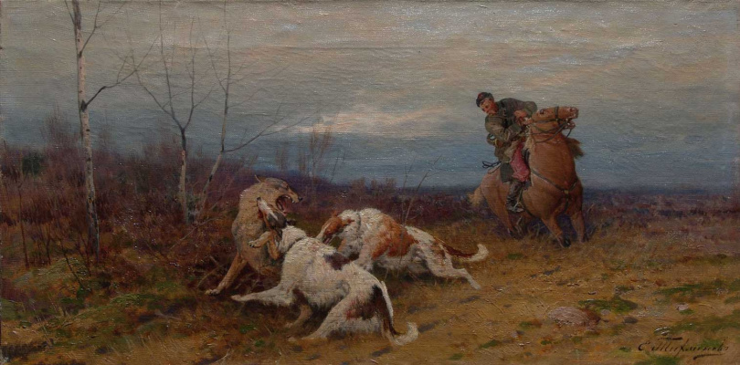 Evgheny Tikhmenev. Wolf hunting with greyhounds. 1904 57.5х89