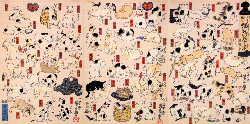 Utagawa Kuniyoshi. Triptychon: Katzen mit 53 Tokaido-Stationen