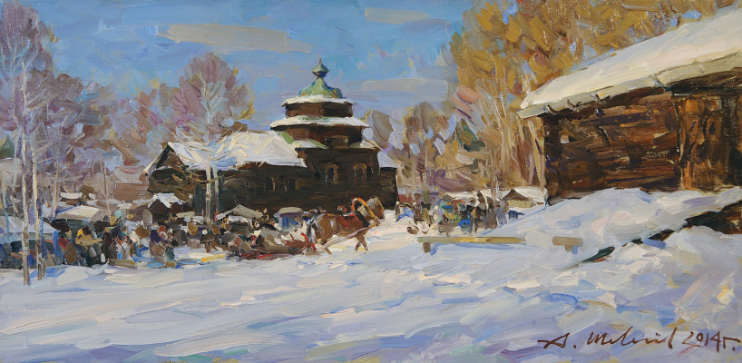 亚历山大 维克托罗维奇 谢韦列夫. 科斯特罗马。看到了冬天。布面油画（草图）30 x 60 cm。2014