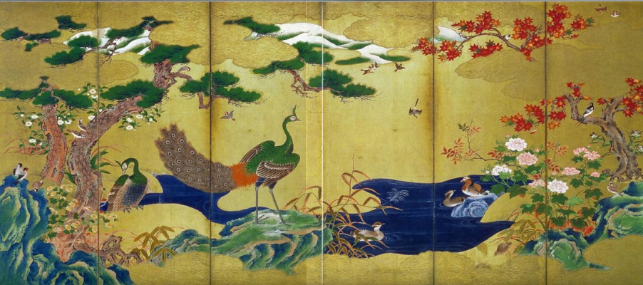 Kano Eytoku. Ecran "Année des fleurs et oiseaux vermen", côté gauche