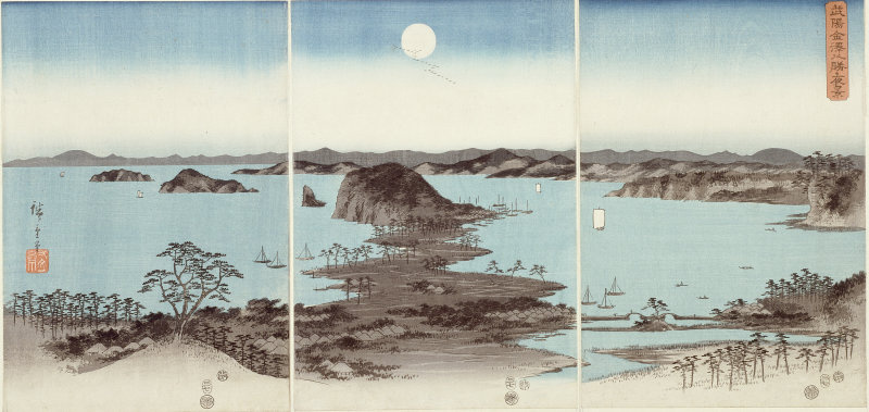 Triptych: Evening view of eight famous sites at Kanazawa under the full moon. The right part