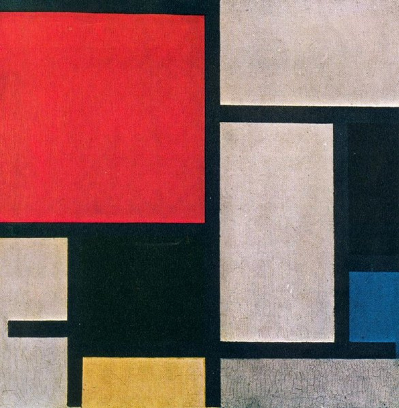 Composition with large red plane, yellow, black, gray and blue