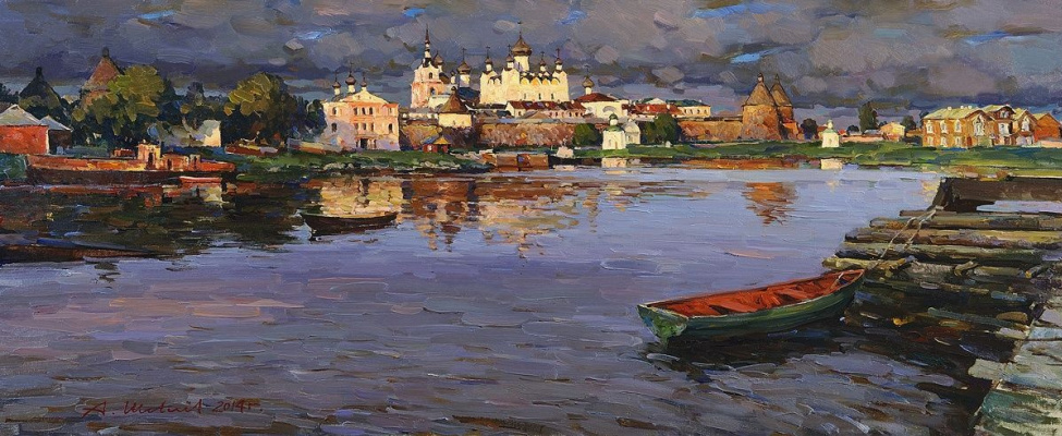 Alexander Shevelyov. The Solovetsky monastery.Oil on canvas 43,8 x 105,3 cm 2014